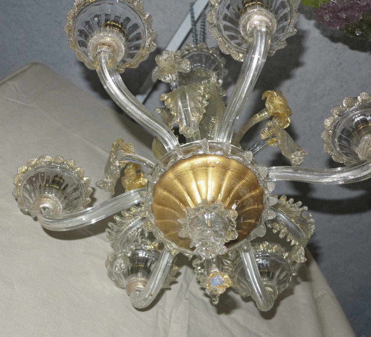 1900/20 ′ Murano Crystal Chandelier Gold Leaves 6 Branches-photo-2