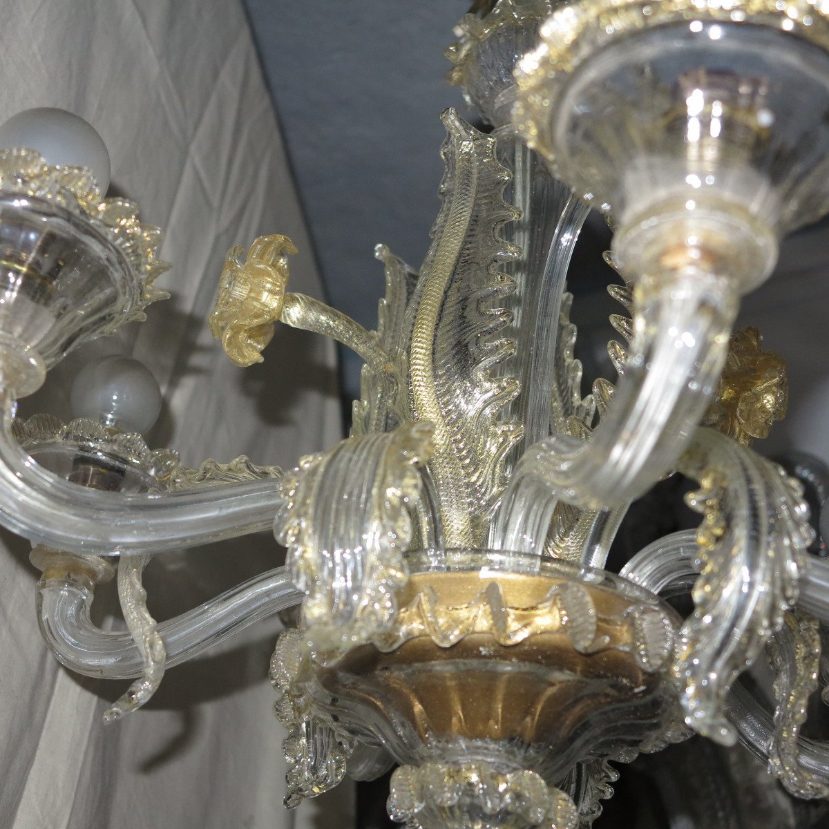 1900/20 ′ Murano Crystal Chandelier Gold Leaves 6 Branches-photo-3