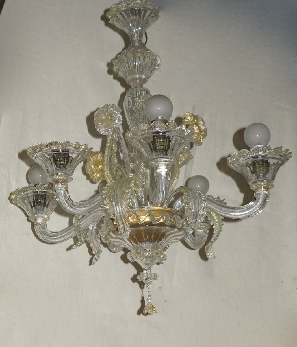 1900/20 ′ Murano Crystal Chandelier Gold Leaves 6 Branches