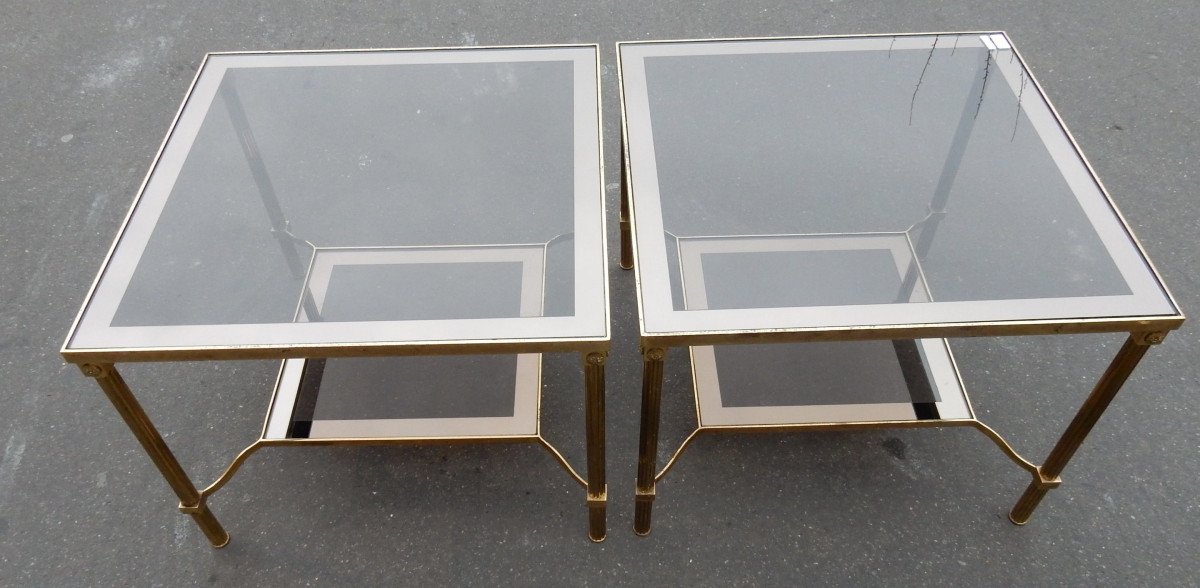 1970 Paire De Bouts De Canapé Carrés En Métal Doré Plateaux Verre Fumé Et Tour Miroir,61x 61 Cm-photo-4