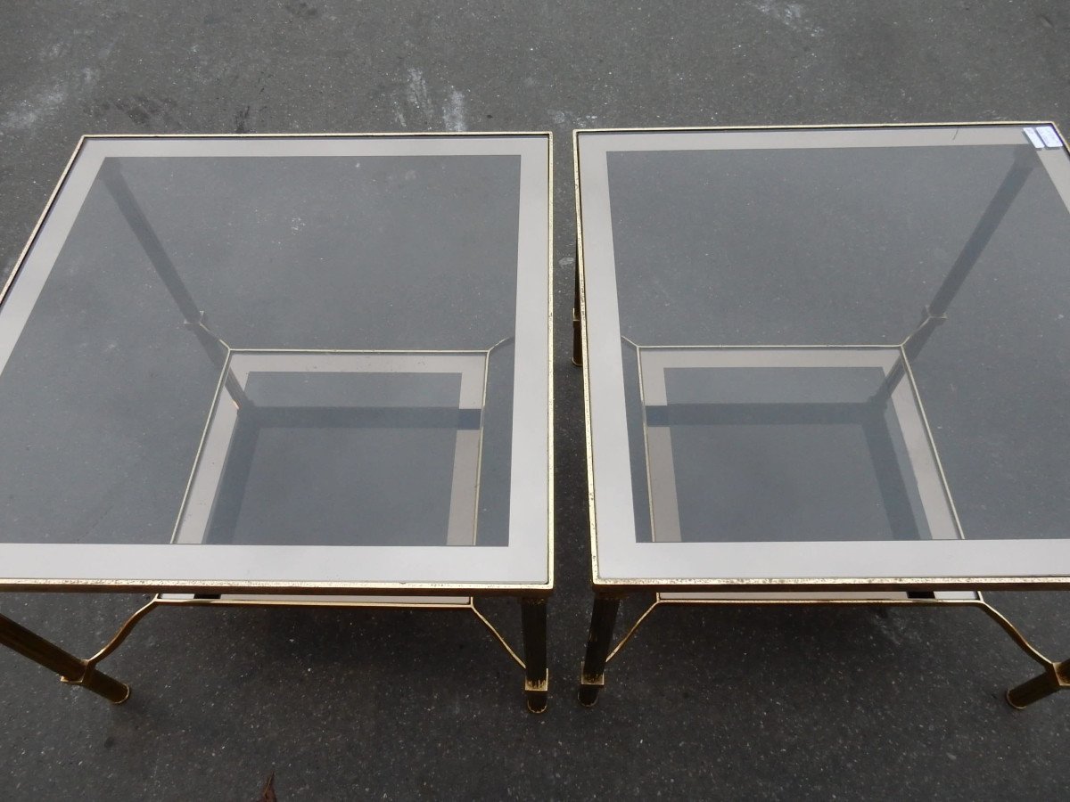 1970 Pair Of Square Sofa Ends In Golden Metal Smoked Glass Trays And Mirror Tower, 61x 61 Cm-photo-1