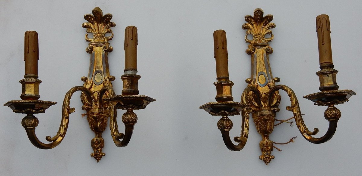 1880′ Paire D’appliques En Bronze Doré Style Louis XIV