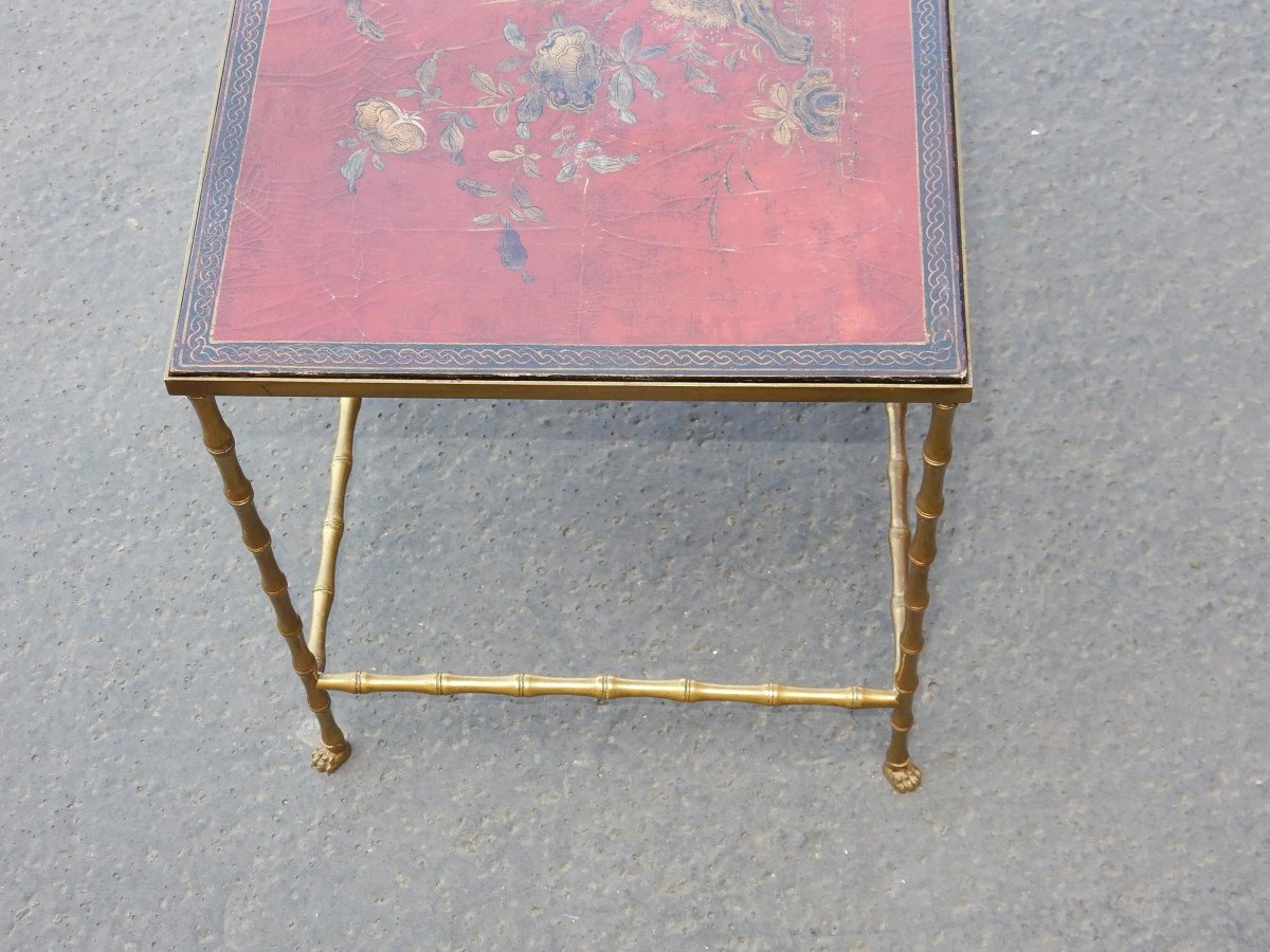 1950/70 ′ Bronze Coffee Table Bamboo Decor Tray Red Chinese Lacquer Dlg Maison Baguès 50x35cm-photo-3