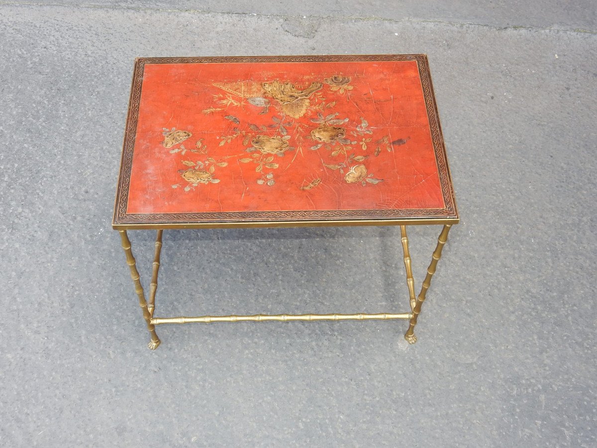 1950/70 ′ Bronze Coffee Table Bamboo Decor Tray Red Chinese Lacquer Dlg Maison Baguès 50x35cm
