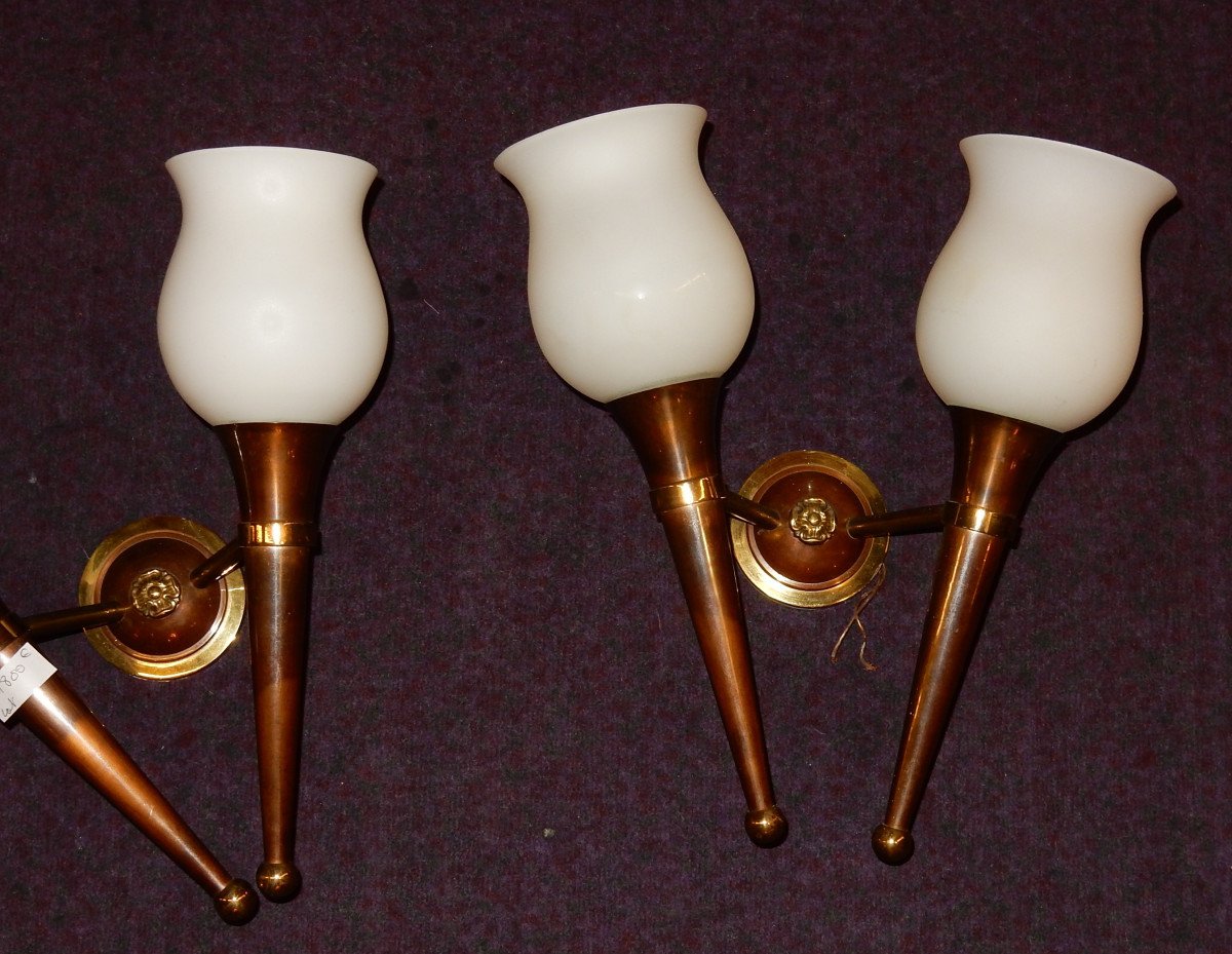 1950 ′ Pair Of Bronze And Brass Sconces Arbus Style Or Maison Jansen 2 Lamps-photo-4