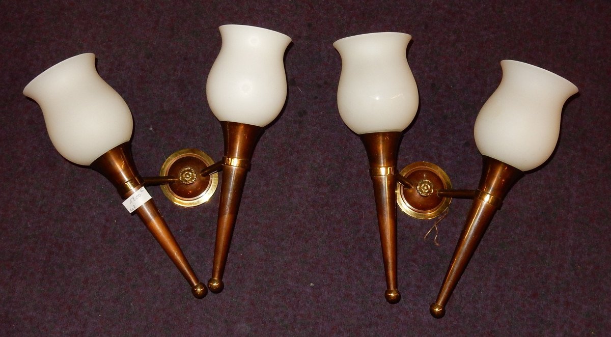 1950 ′ Pair Of Bronze And Brass Sconces Arbus Style Or Maison Jansen 2 Lamps