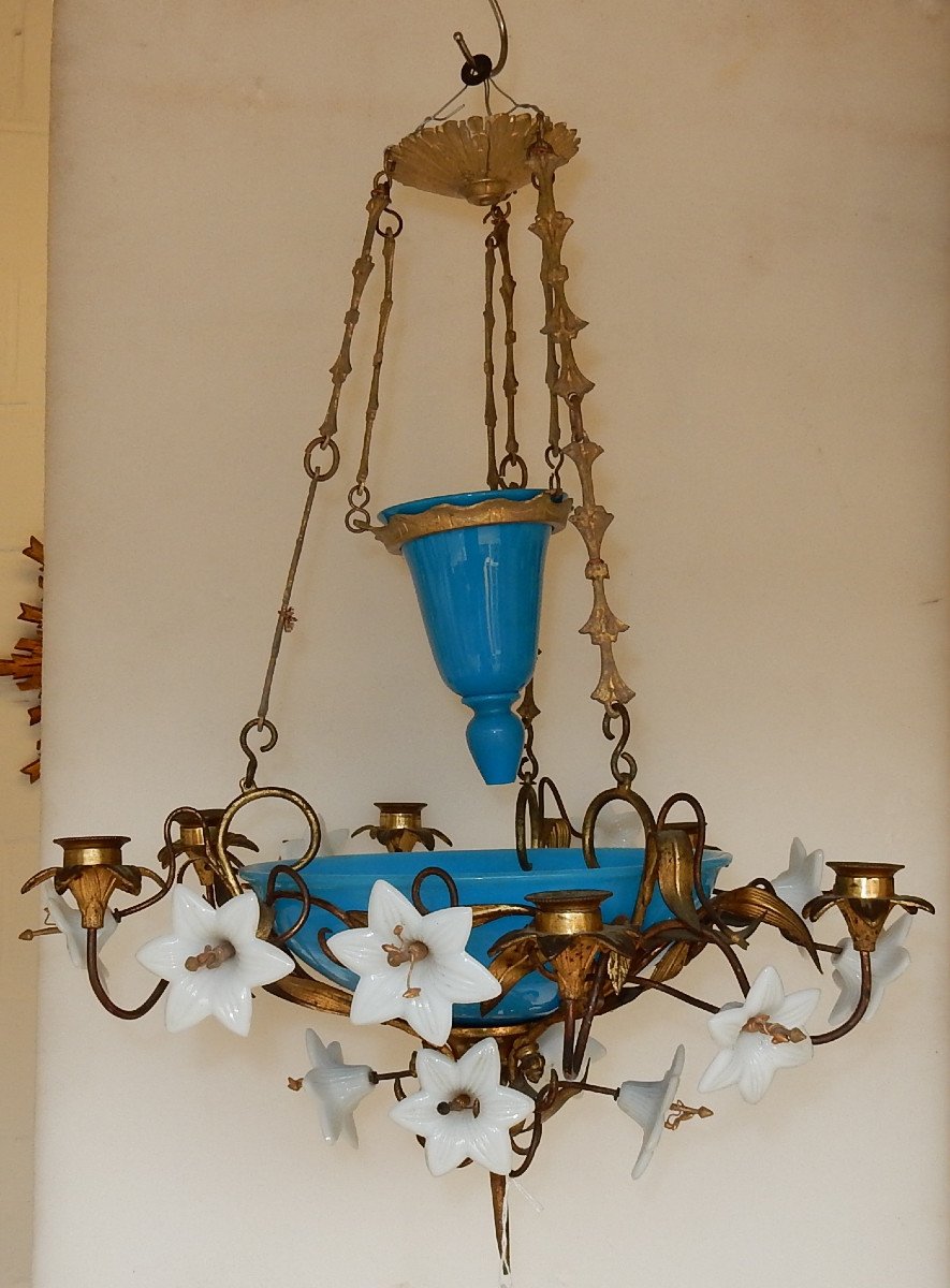 1880′ Lustre Aux Liserons Avec Opaline Bleue