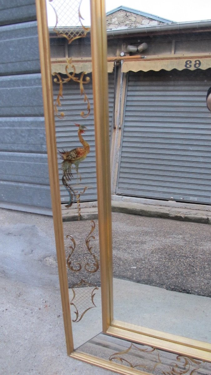 1950/70′ Miroir Églomisé Aux Oiseaux Lyre 100 X 75 X 5,5 Cm-photo-3