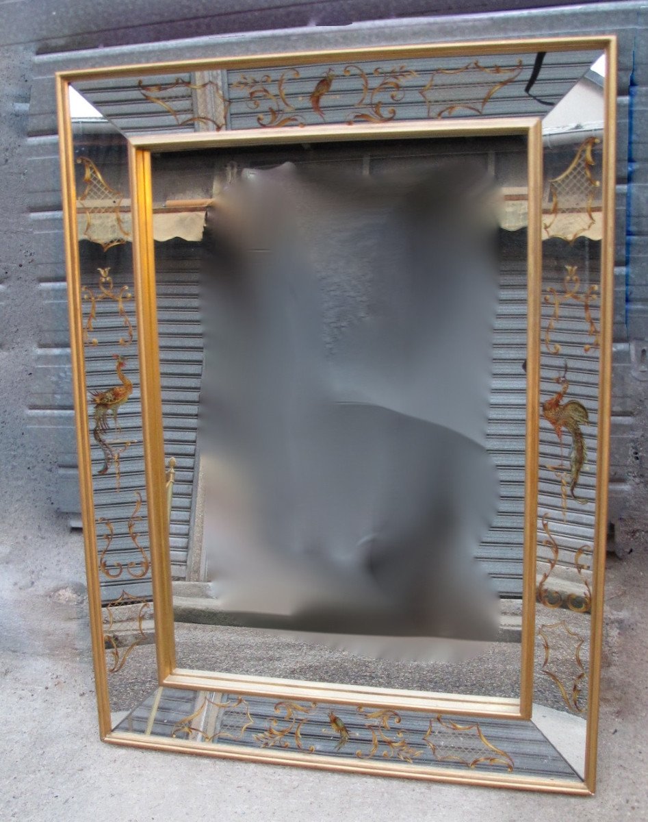 1950/70′ Miroir Églomisé Aux Oiseaux Lyre 100 X 75 X 5,5 Cm