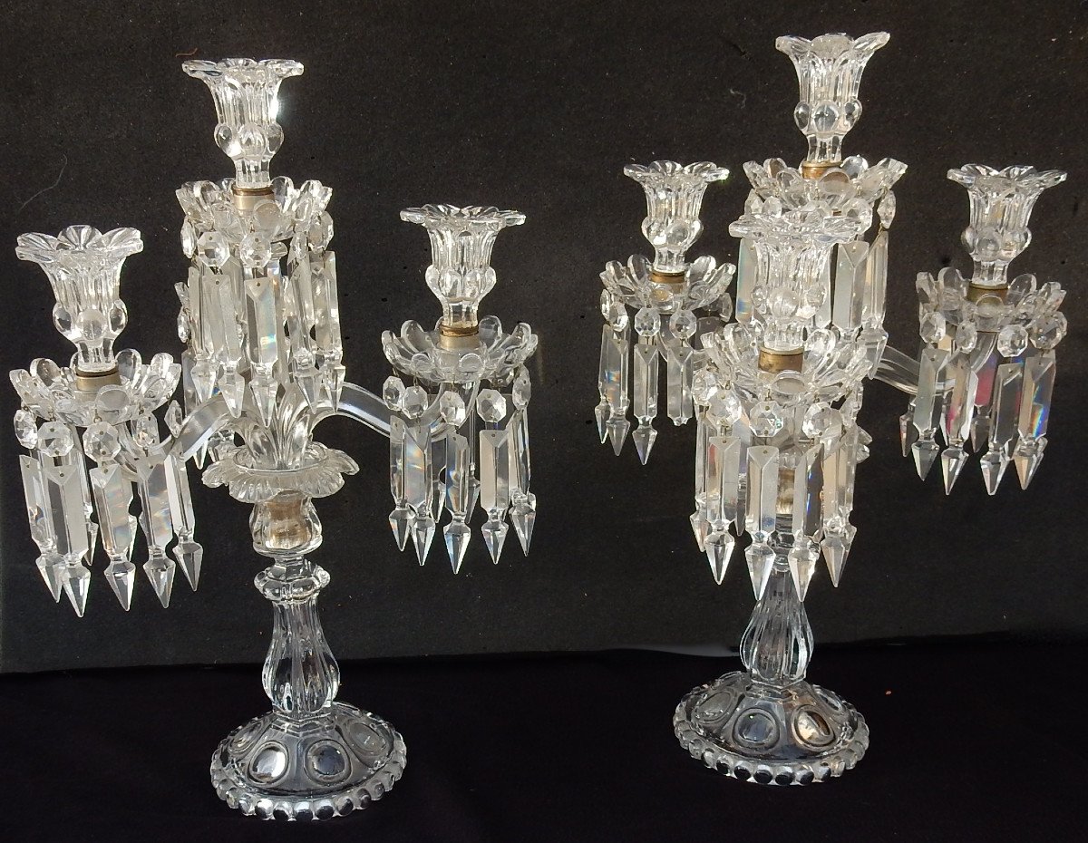1950 ′ Pair Of Candlesticks 3 Branches Sockets Beaded And Signed In Relief Baccarat-photo-2