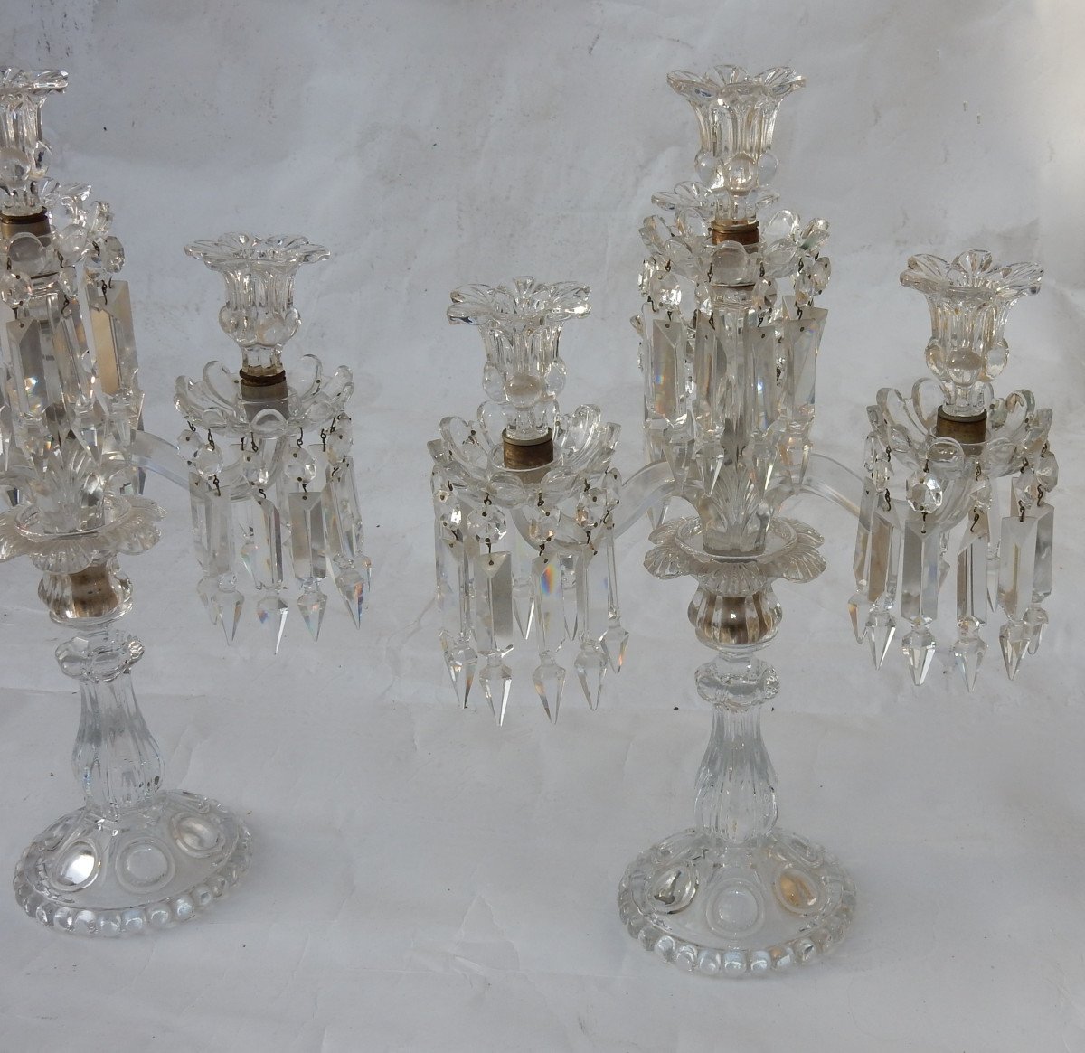1950 ′ Pair Of Candlesticks 3 Branches Sockets Beaded And Signed In Relief Baccarat-photo-1