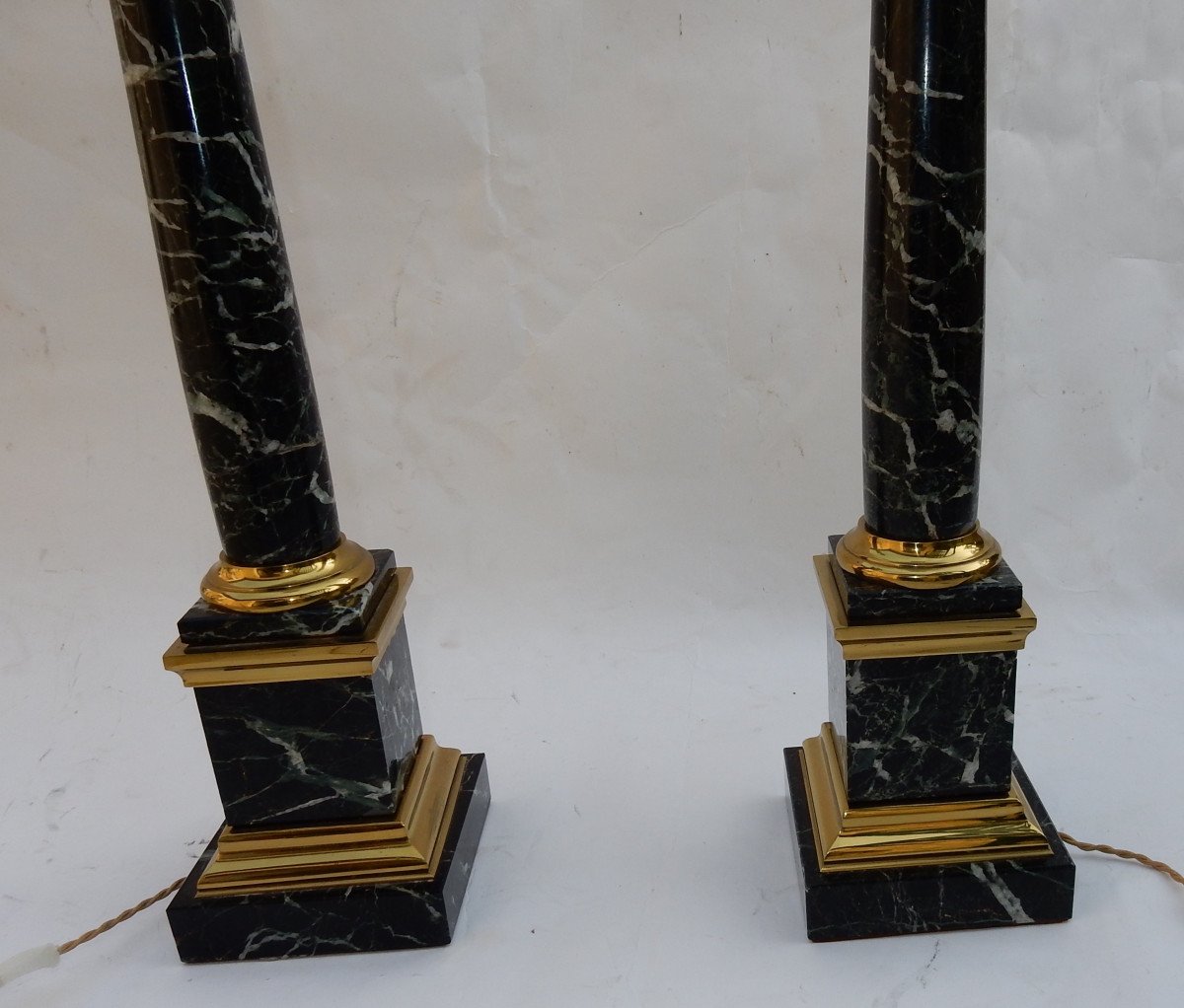 1950/70 Pair Of Dlg Maison Jansen Lamps, Brass And Sea Green Marble-photo-4