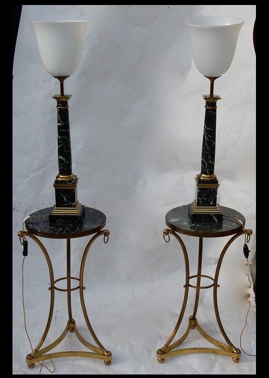 1950/70 Pair Of Dlg Maison Jansen Lamps, Brass And Sea Green Marble-photo-2