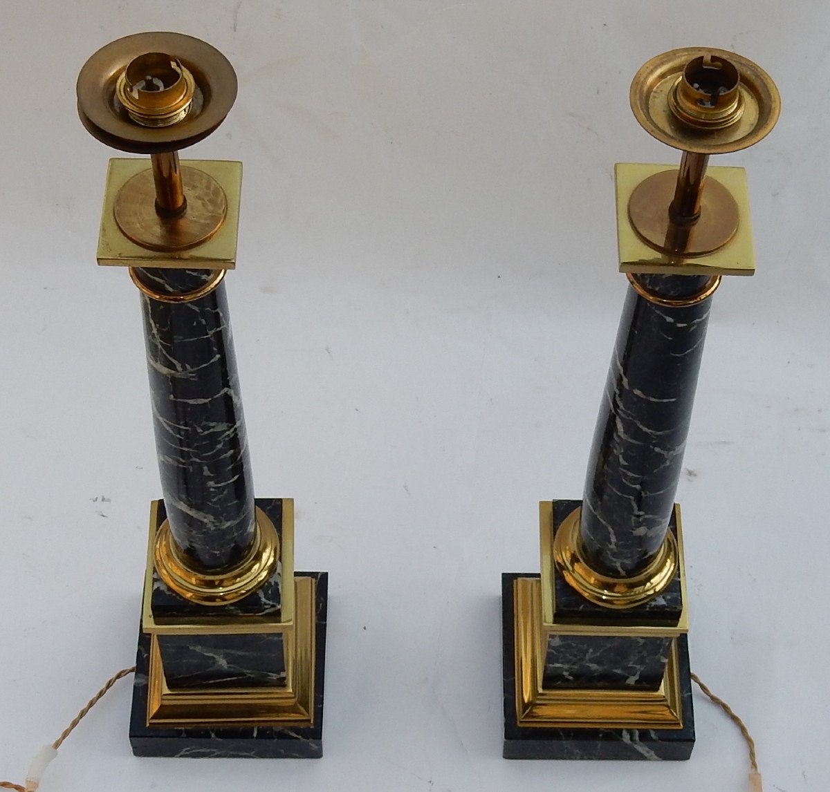 1950/70 Pair Of Dlg Maison Jansen Lamps, Brass And Sea Green Marble-photo-2