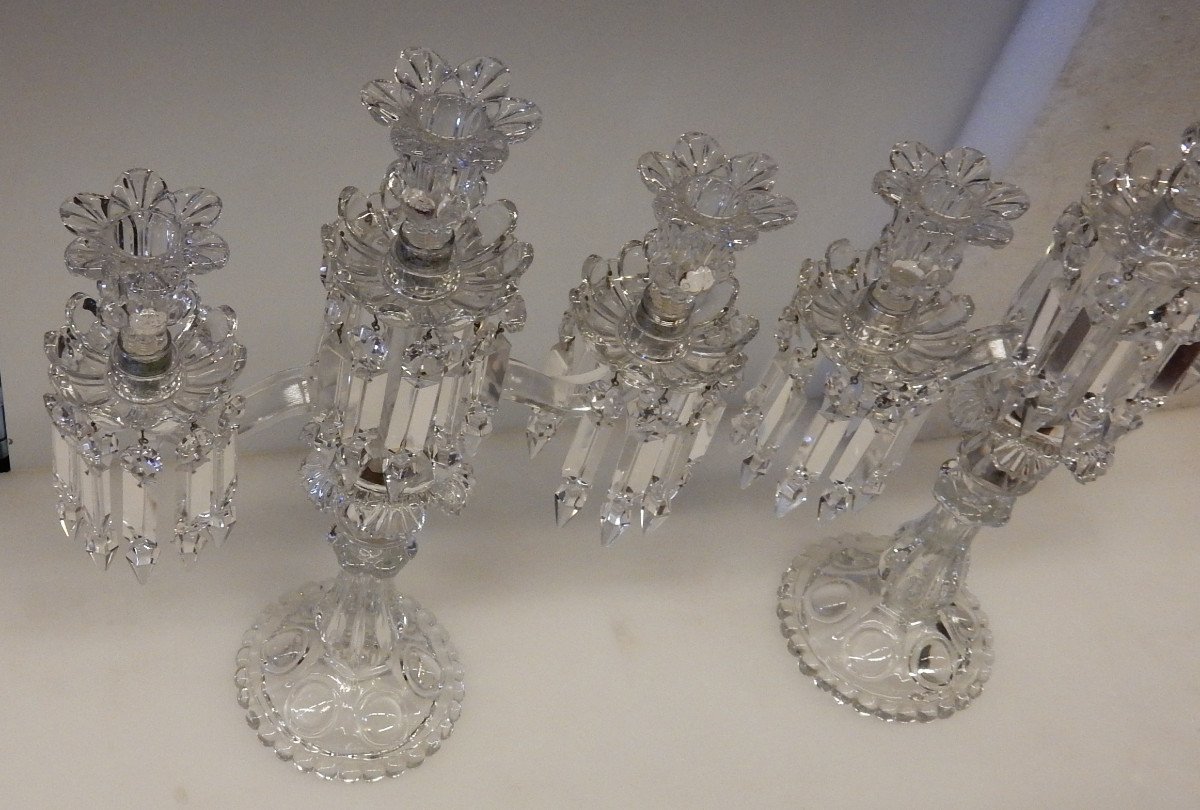 Pair Of Baccarat Candlesticks With 2 Branches Beaded Sockets-photo-4