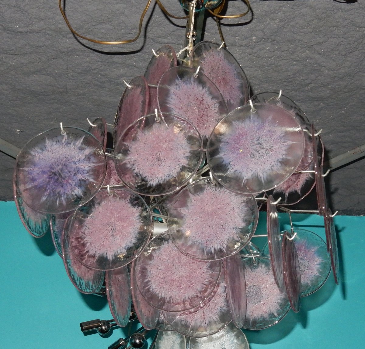 1950/70 'vistosi Chandelier 36 Opalescent Crystals Violet Shade-photo-4