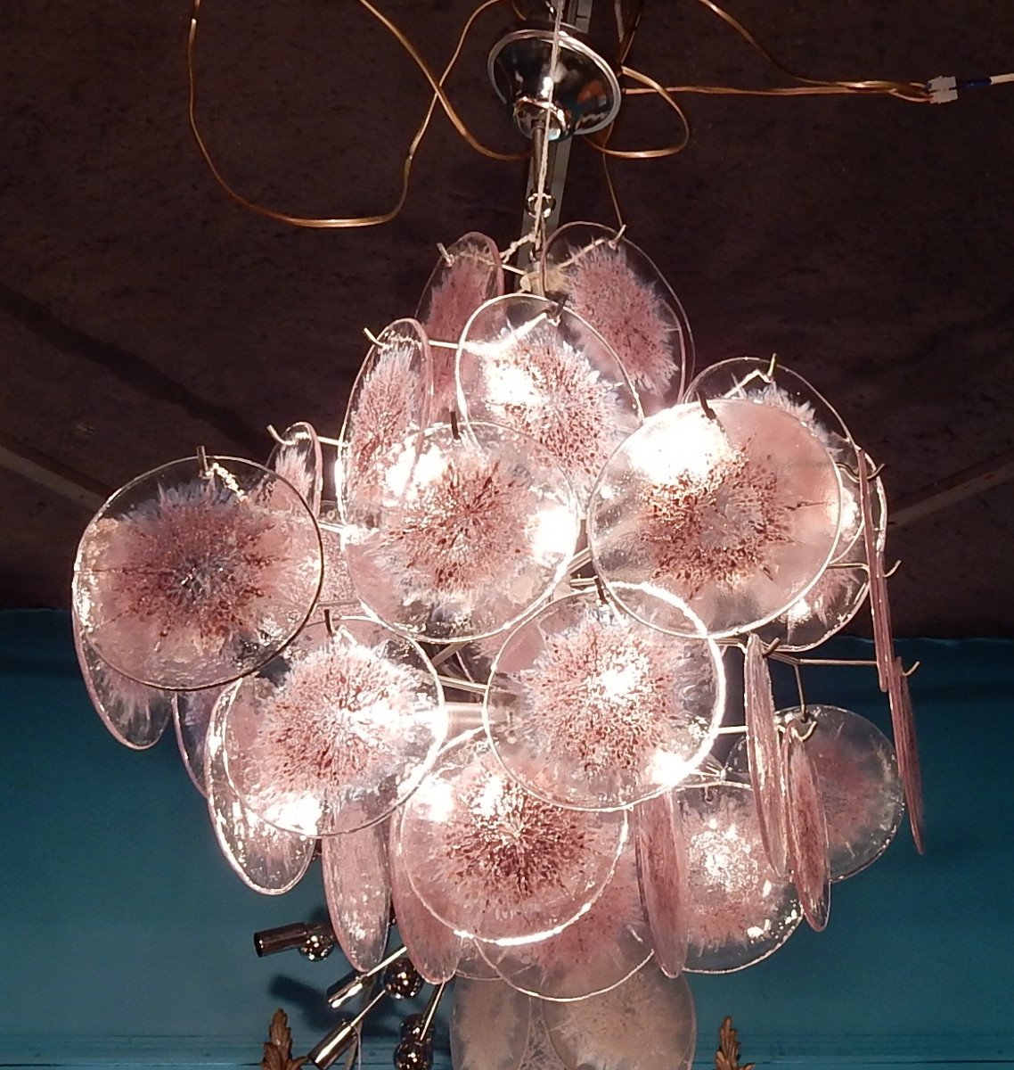 1950/70 'vistosi Chandelier 36 Opalescent Crystals Violet Shade