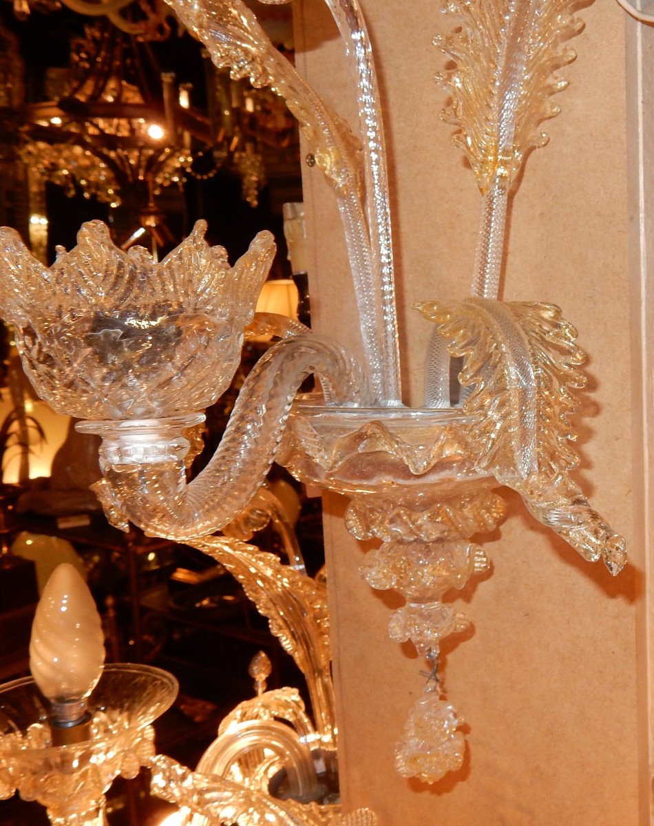 1950 ′ Pair Of Wall Lights 1 Arm Murano Crystal And Gold Paillons-photo-4