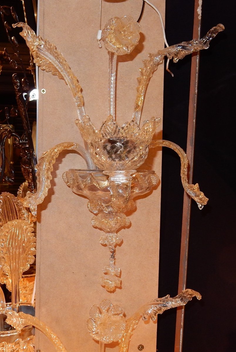 1950 ′ Pair Of Wall Lights 1 Arm Murano Crystal And Gold Paillons-photo-4