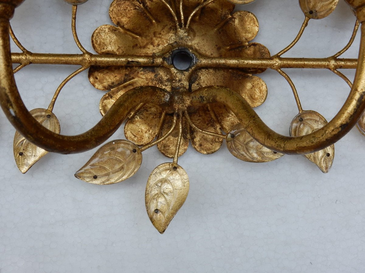 1970 ′ Wall Lamp In Golden Metal Decorated With Glass Leaves Dlg Maison Baguès Or Banci-photo-3