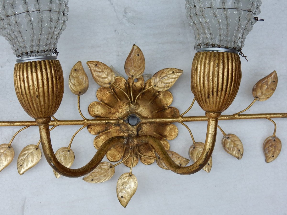 1970 ′ Wall Lamp In Golden Metal Decorated With Glass Leaves Dlg Maison Baguès Or Banci-photo-2