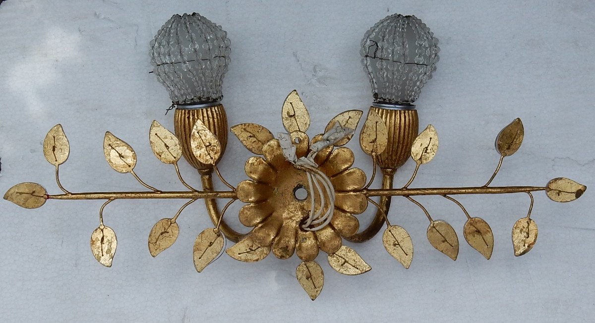 1970 ′ Wall Lamp In Golden Metal Decorated With Glass Leaves Dlg Maison Baguès Or Banci-photo-4