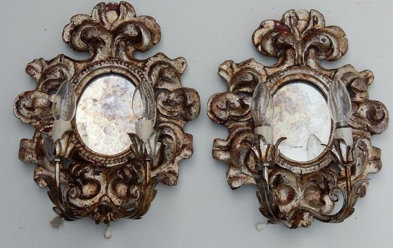 1950 ′ Pair Of Italian Renaissance Style Wall Lights In Silver Wood-photo-3