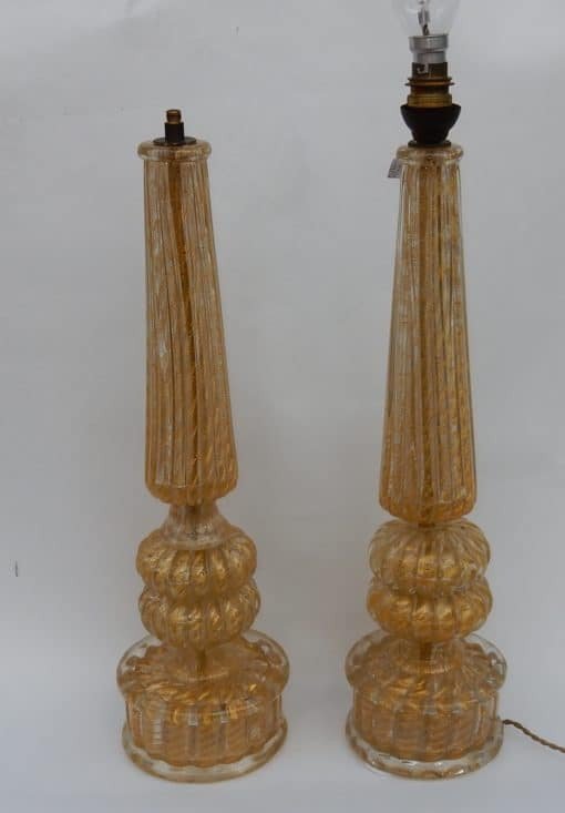 1950/70 Pair Of Barovier & Toso Lamps With Gold Paillons Conical Shaft-photo-3