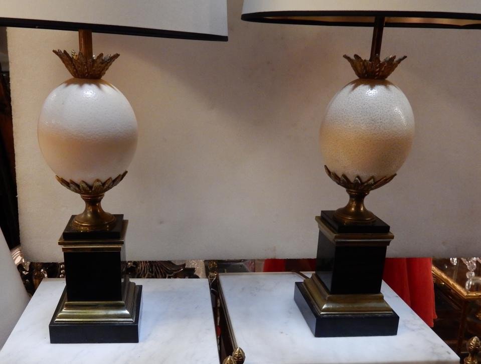 1950/70 ′ Pair Of Lamps In Black Marble And Ostrich Egg Maison Jansen-photo-4