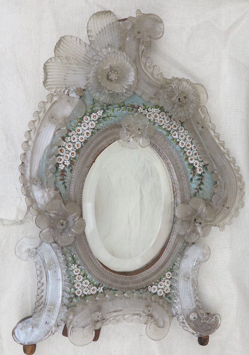 1880/1900′ Miroir Murano Décoré De Fleurs En Micromosaique