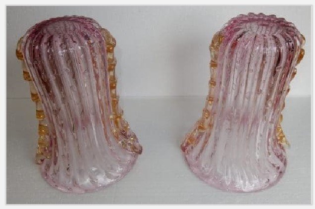 1970 ′ Pair Of Vases Or Similar Pink Murano Crystal And Gold Signed Toso H 34 Cm-photo-2