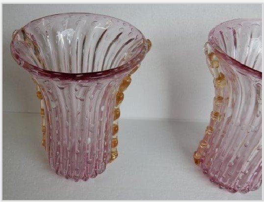 1970 ′ Pair Of Vases Or Similar Pink Murano Crystal And Gold Signed Toso H 34 Cm-photo-4