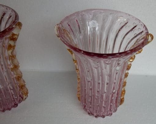 1970 ′ Pair Of Vases Or Similar Pink Murano Crystal And Gold Signed Toso H 34 Cm-photo-5