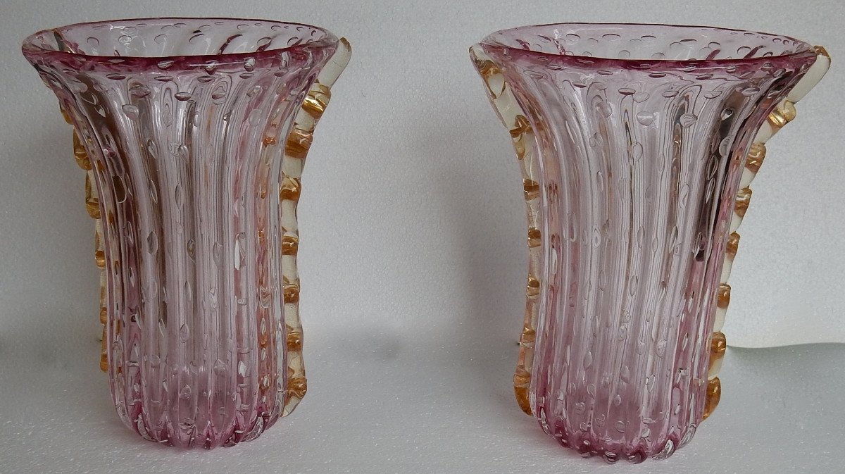 1970 ′ Pair Of Vases Or Similar Pink Murano Crystal And Gold Signed Toso H 34 Cm