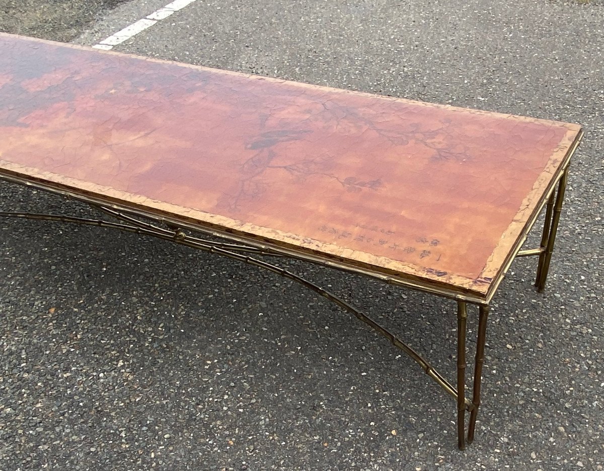 1970′ Table Basse Double Piétement Bronze Modèle Bambou Maison Baguès Laque De Chine 168x55x38-photo-2