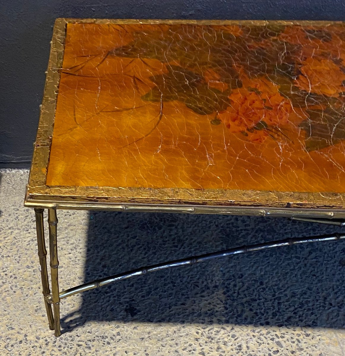 1970′ Table Basse Double Piétement Bronze Modèle Bambou Maison Baguès Laque De Chine 168x55x38-photo-1