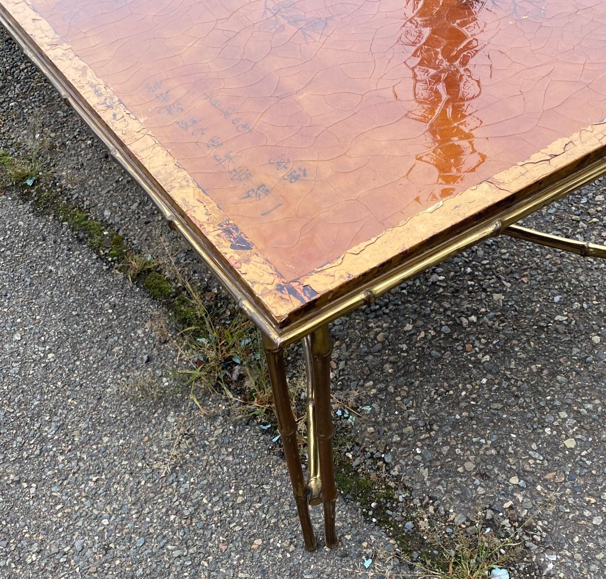 1970′ Table Basse Double Piétement Bronze Modèle Bambou Maison Baguès Laque De Chine 168x55x38-photo-8