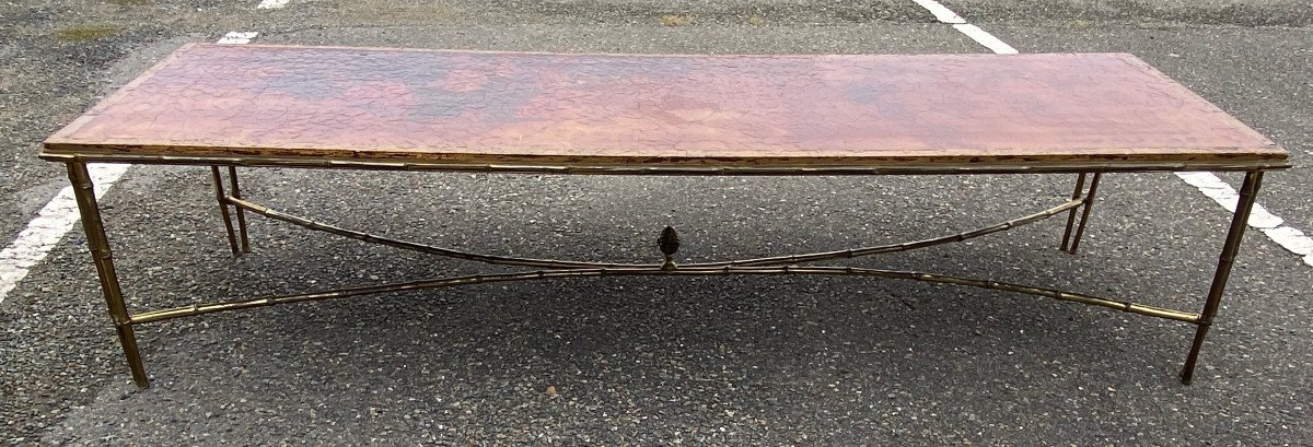 1970′ Table Basse Double Piétement Bronze Modèle Bambou Maison Baguès Laque De Chine 168x55x38