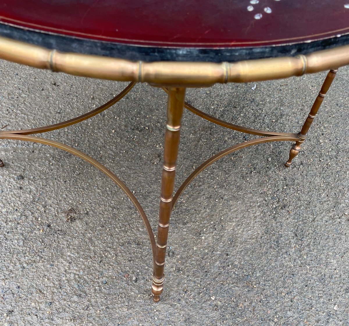 1950/70 ′ Round Bronze Coffee Table Palm Tree Decor Tray Red Chinese Lacquer Dlg Maison Baguès-photo-2