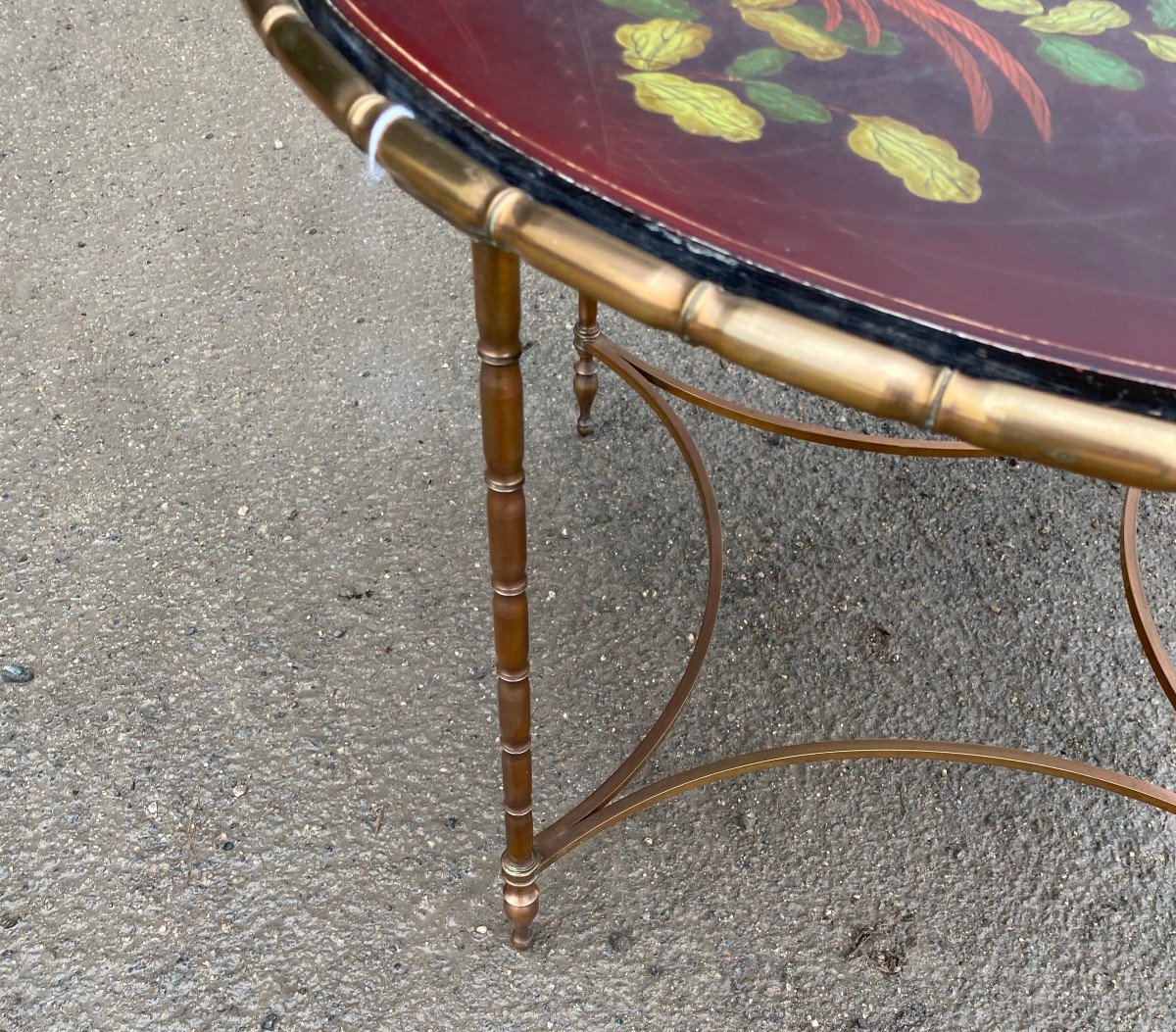 1950/70 ′ Round Bronze Coffee Table Palm Tree Decor Tray Red Chinese Lacquer Dlg Maison Baguès-photo-3