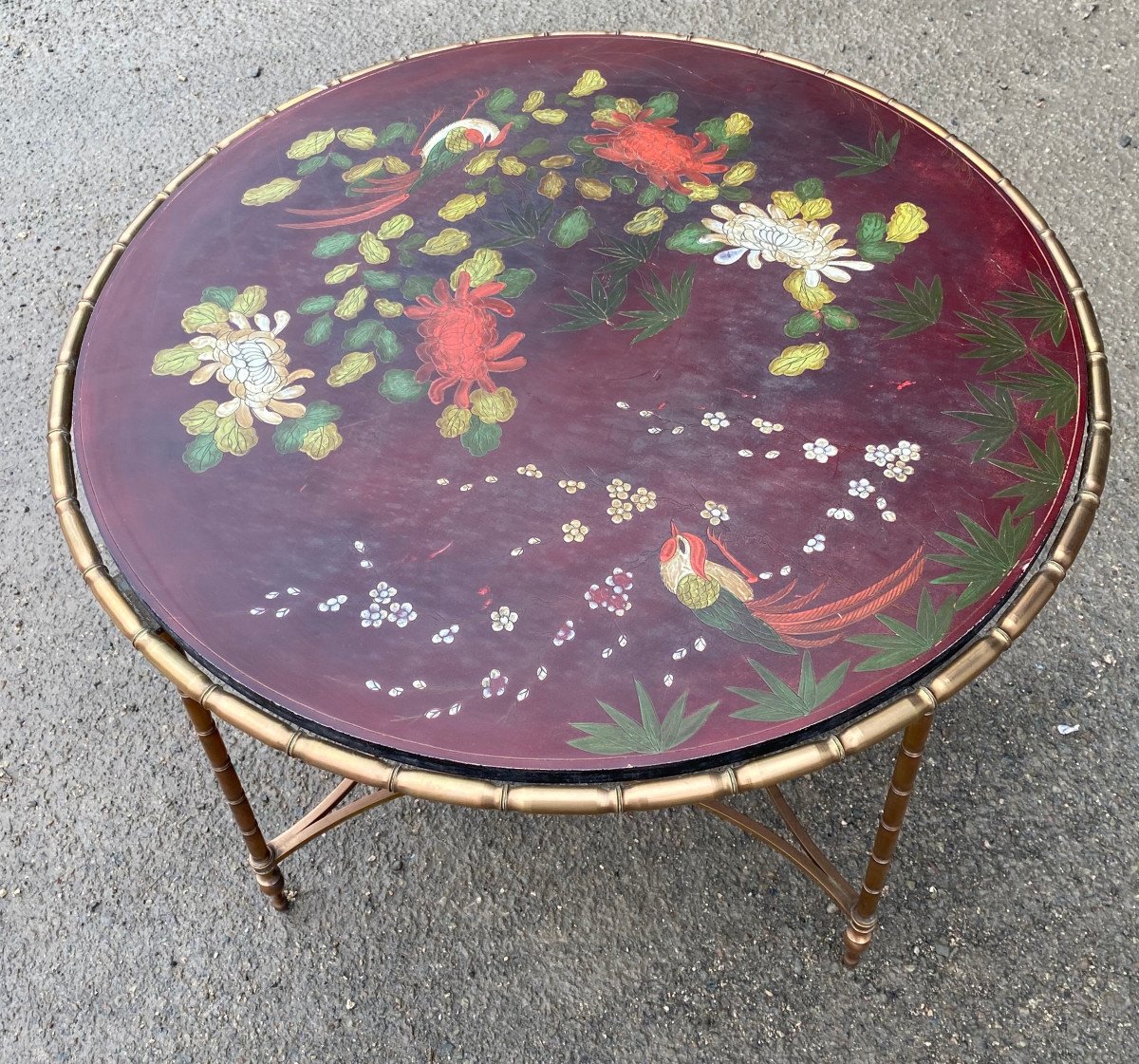 1950/70 ′ Round Bronze Coffee Table Palm Tree Decor Tray Red Chinese Lacquer Dlg Maison Baguès-photo-1