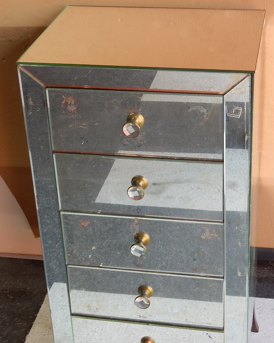 1940/50 ′ Art Deco Vintage Mirror Cabinet 5 Drawers 6 Glass Handles 50 X 39 Cm-photo-4