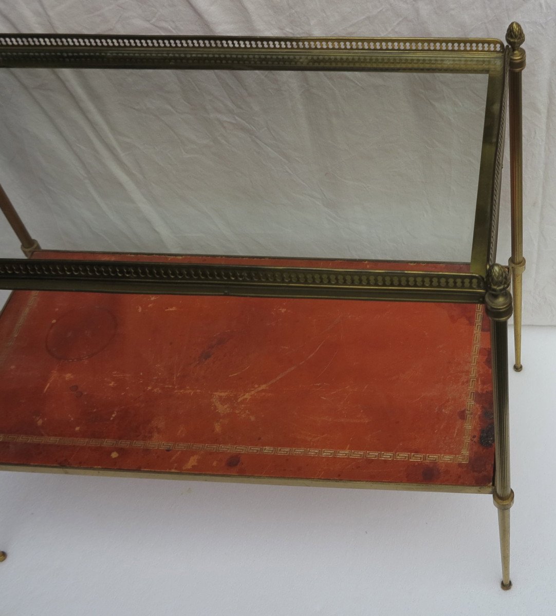 1970 'bronze Shelf With Maison Baguès Gallery And 2 Glass Trays And Sheathed In Beige Leather-photo-4
