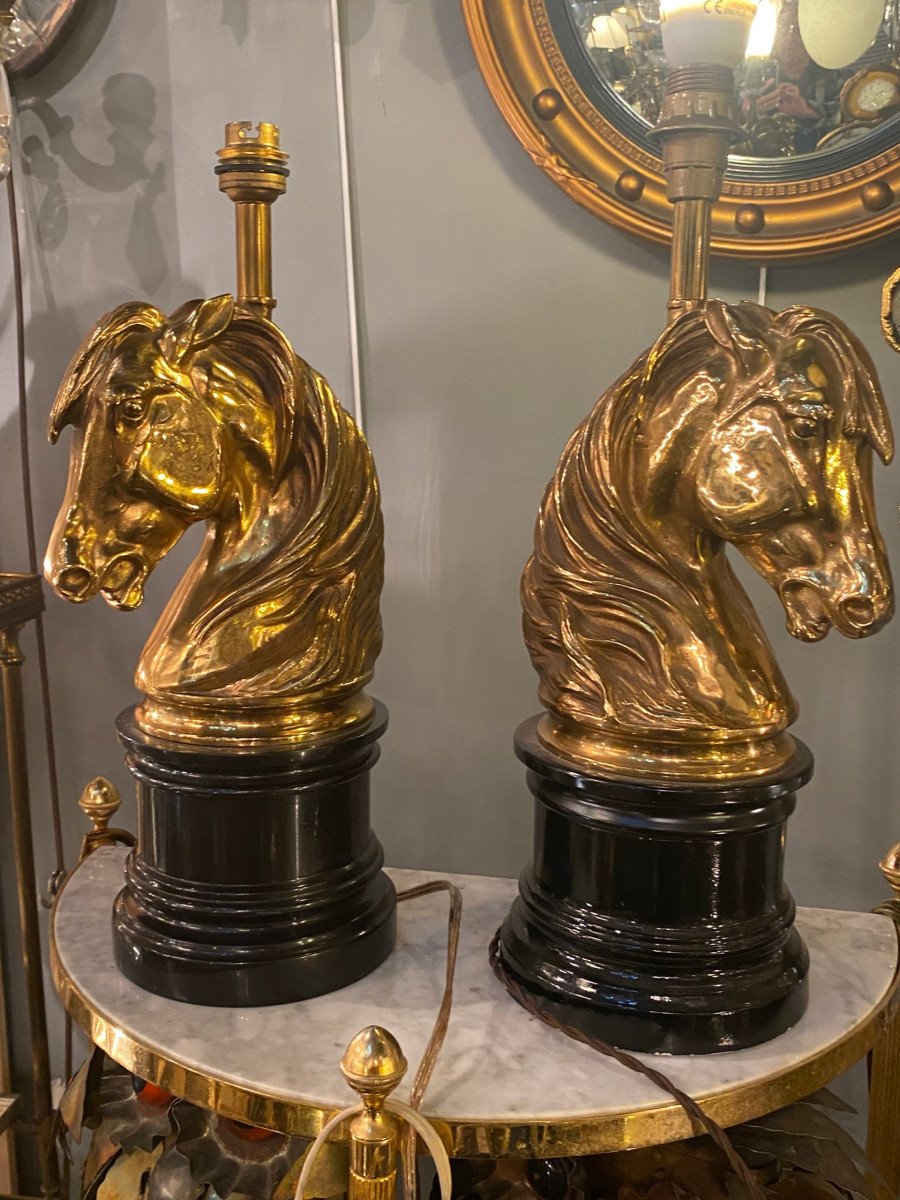 1950/70 Pair Of Gilt Bronze And Marble Lamps With Horse Head, Maison Charles, Jansen-photo-2