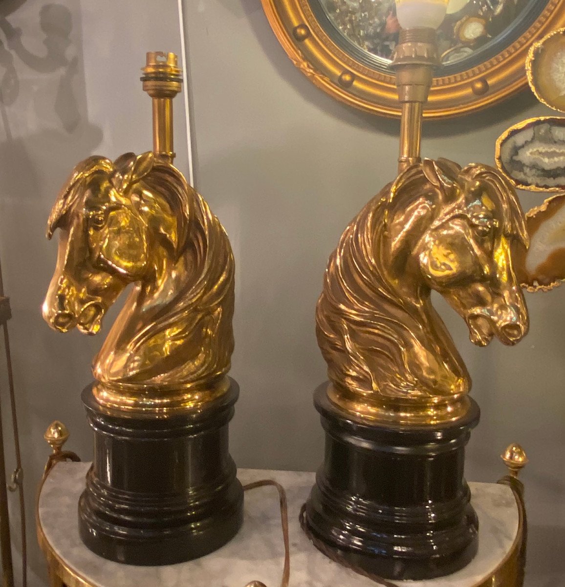 1950/70 Pair Of Gilt Bronze And Marble Lamps With Horse Head, Maison Charles, Jansen-photo-3