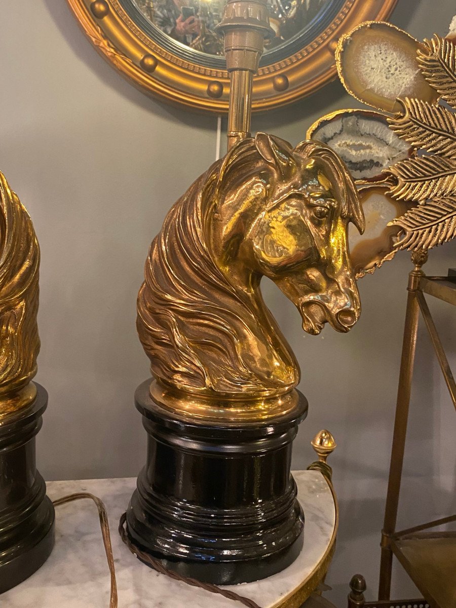 1950/70 Pair Of Gilt Bronze And Marble Lamps With Horse Head, Maison Charles, Jansen-photo-4