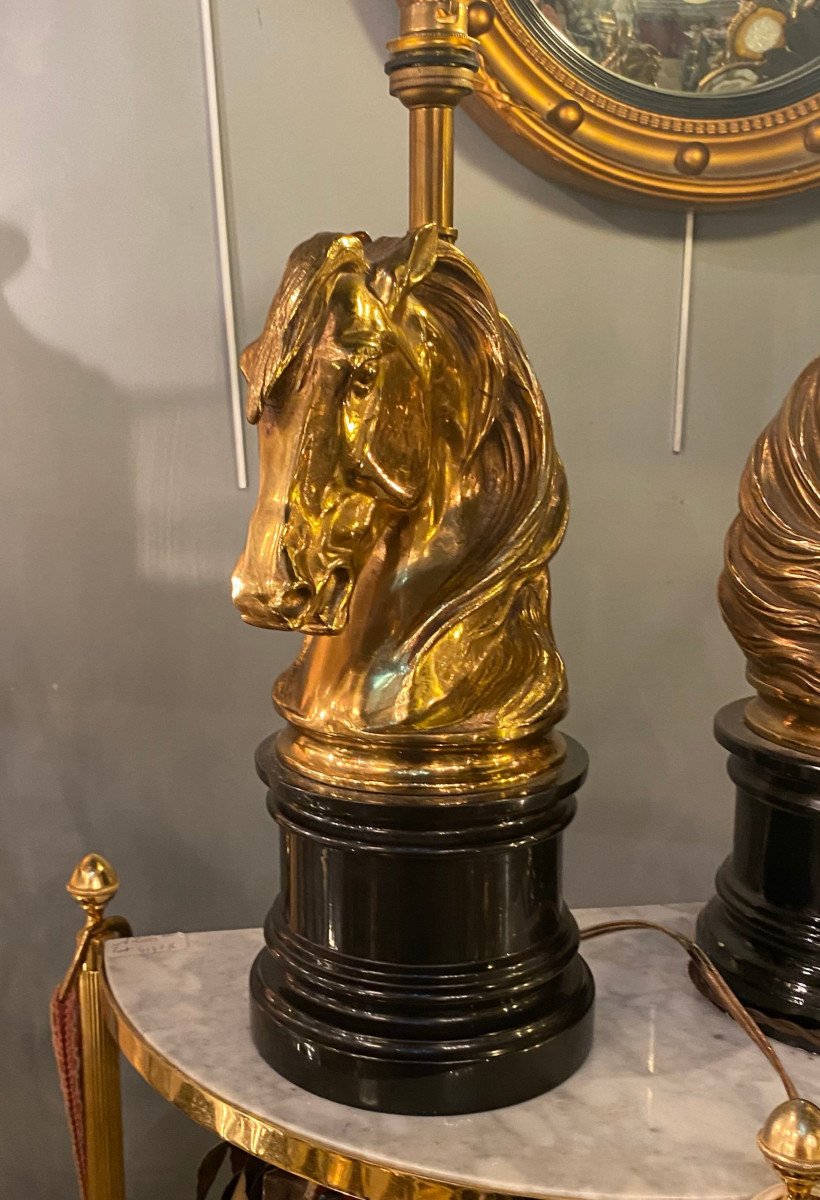 1950/70 Pair Of Gilt Bronze And Marble Lamps With Horse Head, Maison Charles, Jansen-photo-1