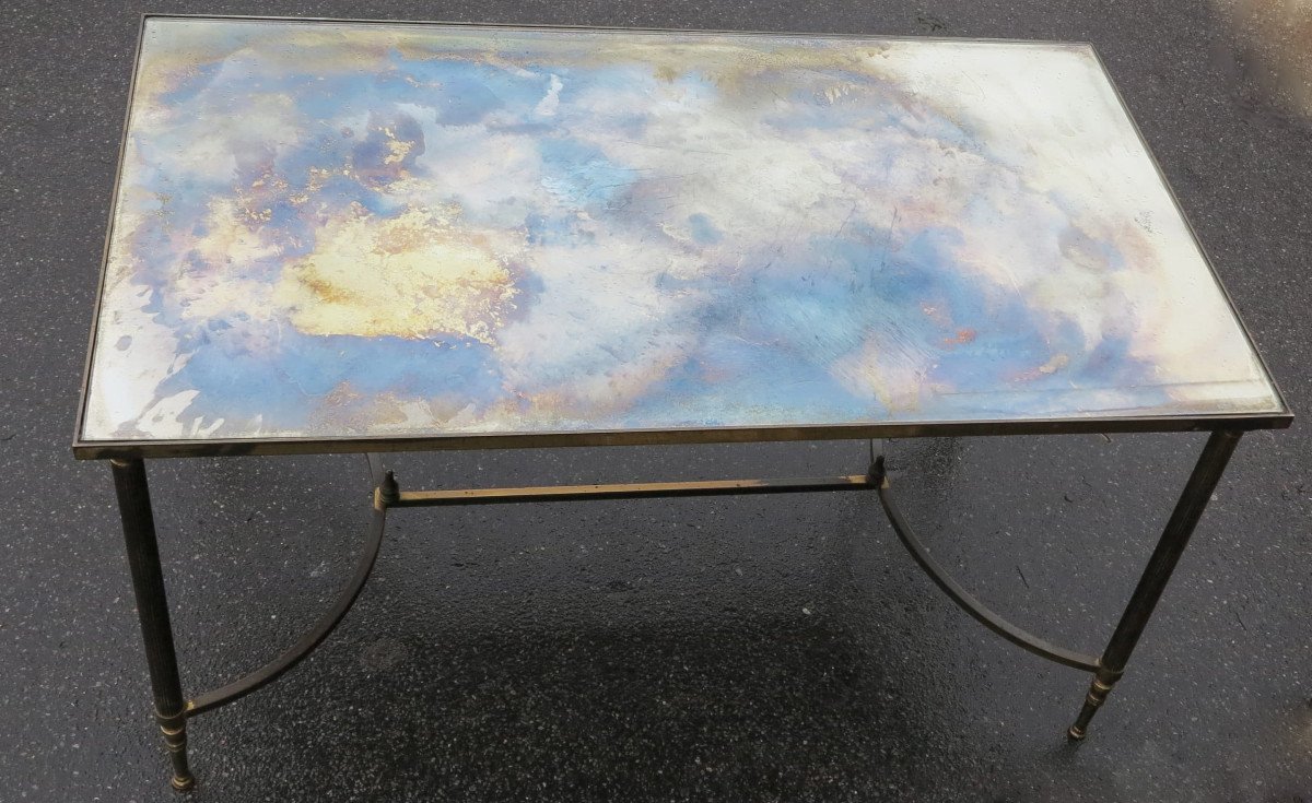 1970′ Table Basse En Bronze Avec Entretoise Maison Baguès Avec Plateau Miroir Vieilli Oxydé