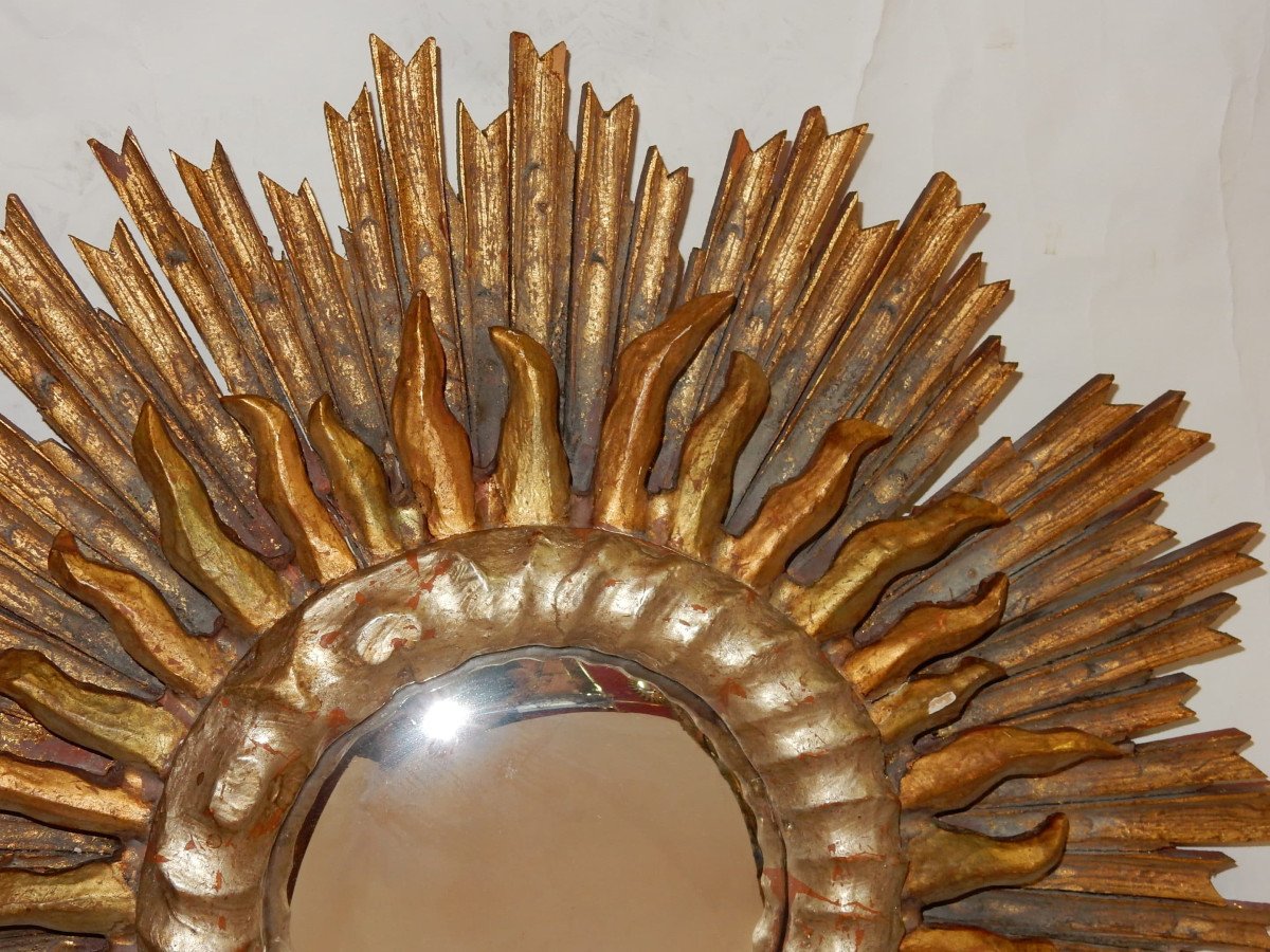 1950′ Miroir Soleil Convexe 2 Étages Bois Doré Et Argenté 63 Cm De Diamètre-photo-4