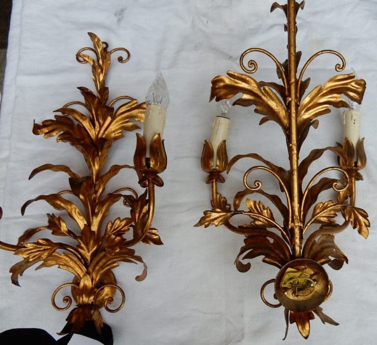 1970 ′ Pair Of Golden Iron Wall Lights Flowers And Foliage With 2 Bulbs-photo-4